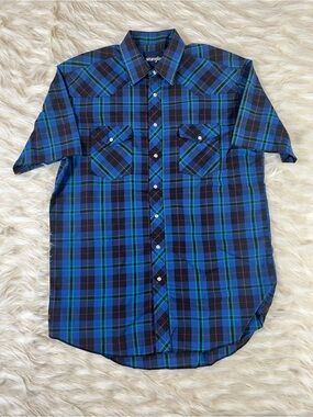 Wrangler Pearl Snap Shirt Short Sleeve Men's L Multi Color Plaid